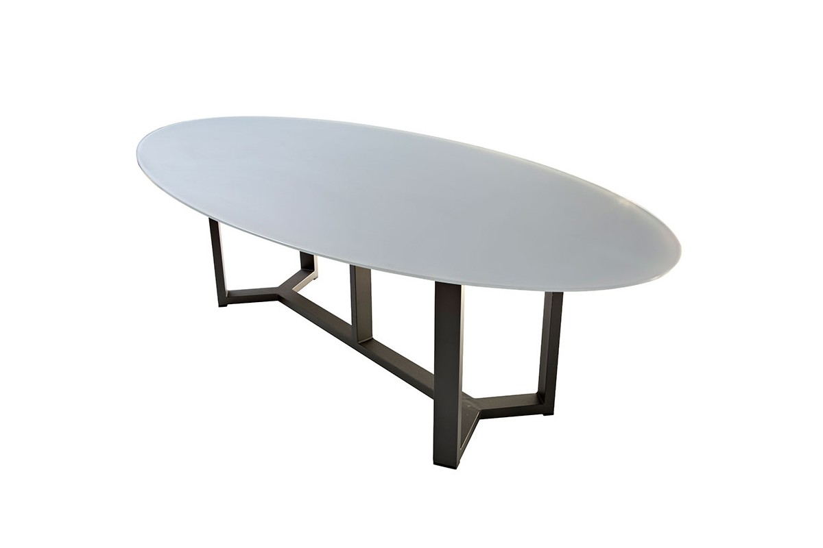 Table de jardin ovale design en aluminium, plateau en verre, Montella