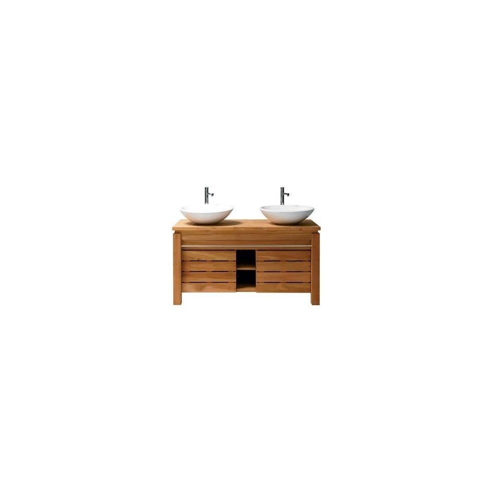 Meuble double vasque en teck massif 133 cm avec 2 portes, Line Art Origin Meuble double vasque en teck massif 133 cm avec 2 portes, Line Art Origin