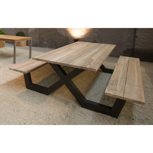 Table pique-nique avec bancs en teck massif et pieds en aluminium Table pique-nique avec bancs en teck massif et pieds en aluminium