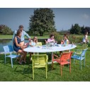 Table de jardin ovale design en aluminium, plateau en verre, Montella