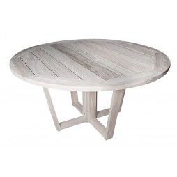 Table ronde en vieux teck massif finition délavée d 150 cm, 8 / 10 couverts