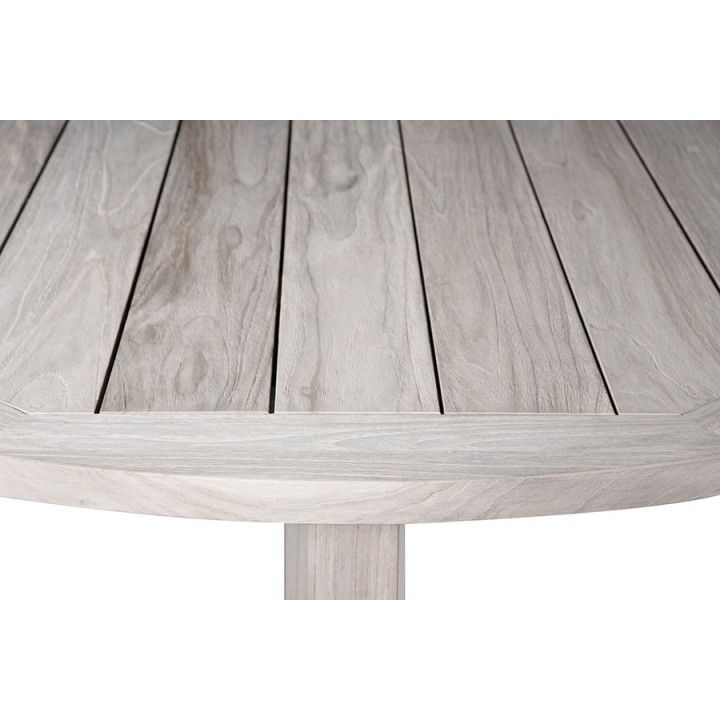 Table ronde en vieux teck massif gris délavé d 150 cm, 8 / 10 couverts