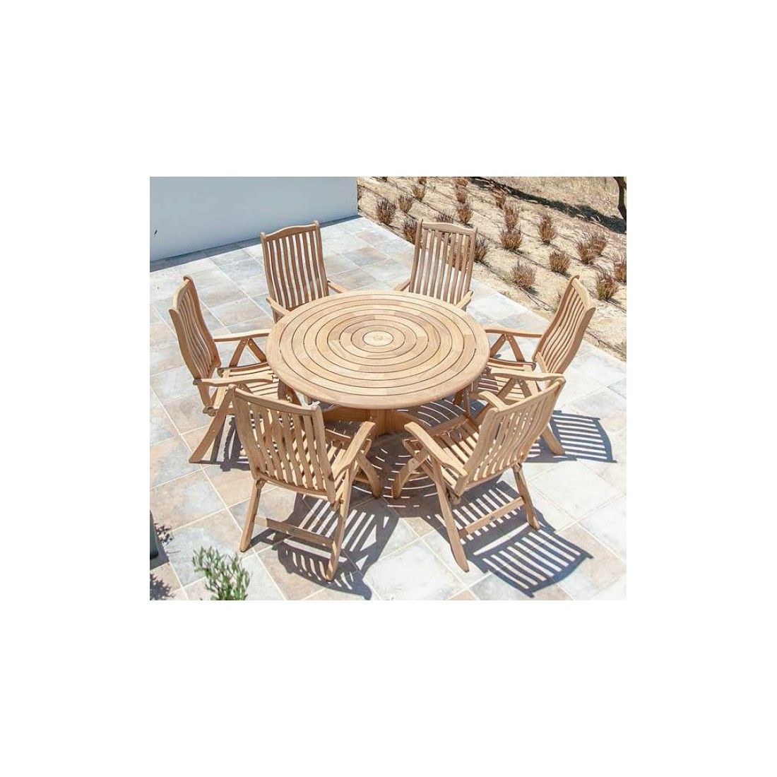 Table de jardin ronde en bois, d 145 ou 175 cm, haut de gamme