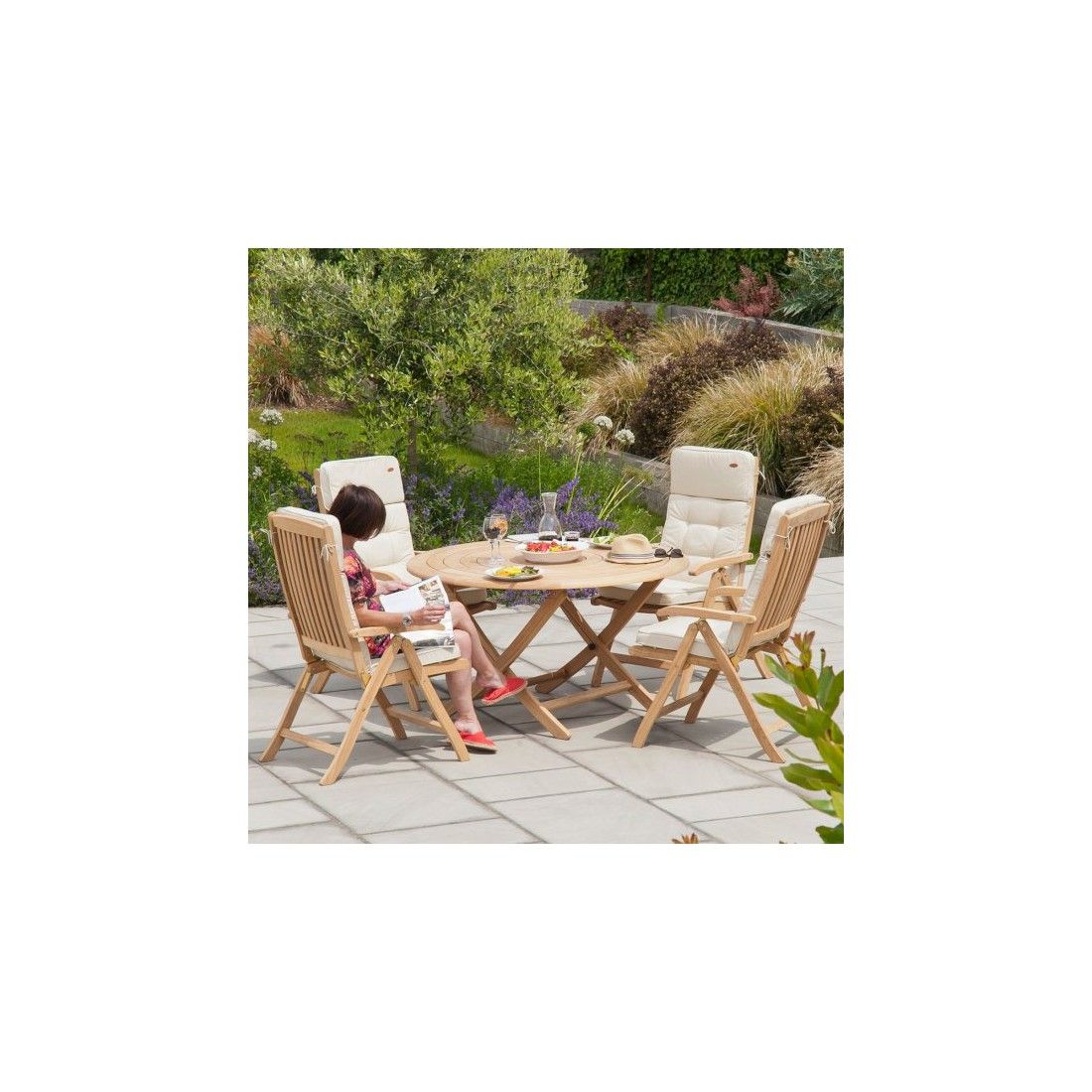 Table de jardin pliante et ronde 130 cm en bois massif, haut de gamme