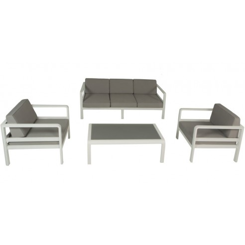 Salon de jardin alu, canapé 3 p + 2 fauteuils, avec coussins et table, Anco Salon de jardin alu, canapé 3 p + 2 fauteuils, avec coussins et table, Anco