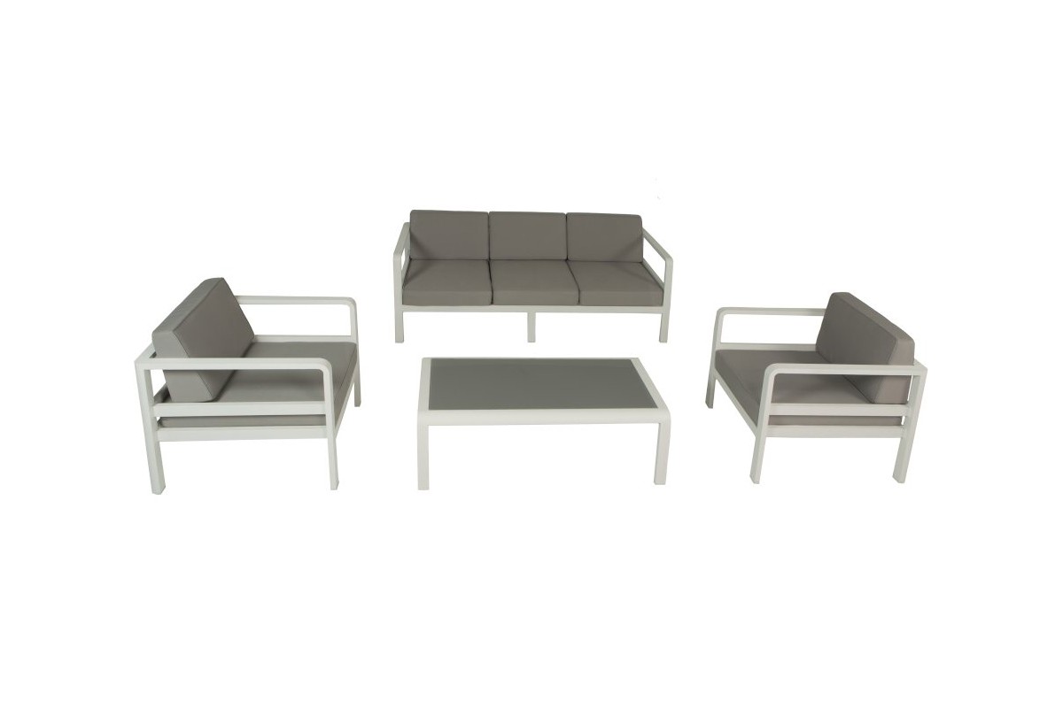 Salon de jardin alu, canapé 3 p + 2 fauteuils, avec coussins et ... Salon de jardin alu, canapé 3 p + 2 fauteuils, avec coussins et ...
