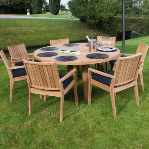 Table ronde de jardin en vieux teck massif d 165 cm, 8 / 10 couverts, Oakland Table ronde de jardin en vieux teck massif d 165 cm, 8 / 10 couverts, Oakland