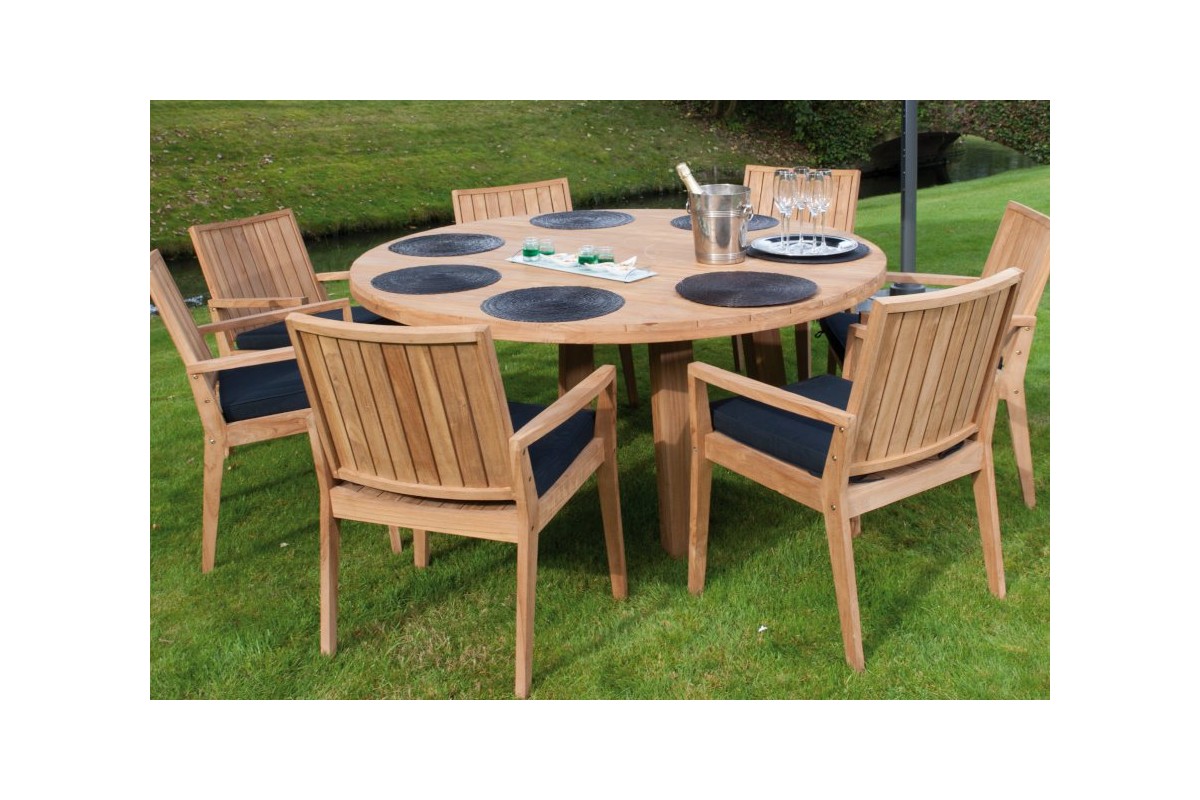Table ronde de jardin en vieux teck massif D 165 cm, Oakland