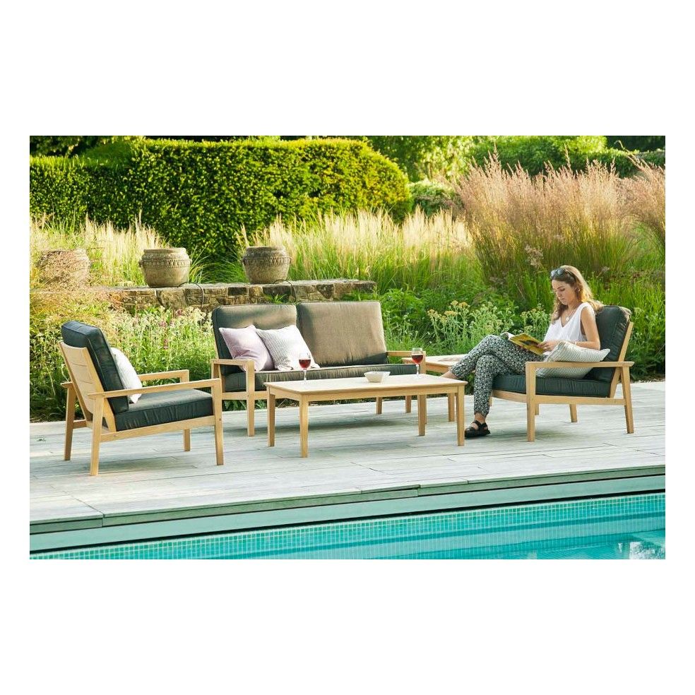 Canapé lounge pour salon de jardin en bois avec coussin gris foncé, haut de gamme