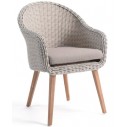 Chaise en résine tressée ronde avec un coussin et des pieds en teck, Far