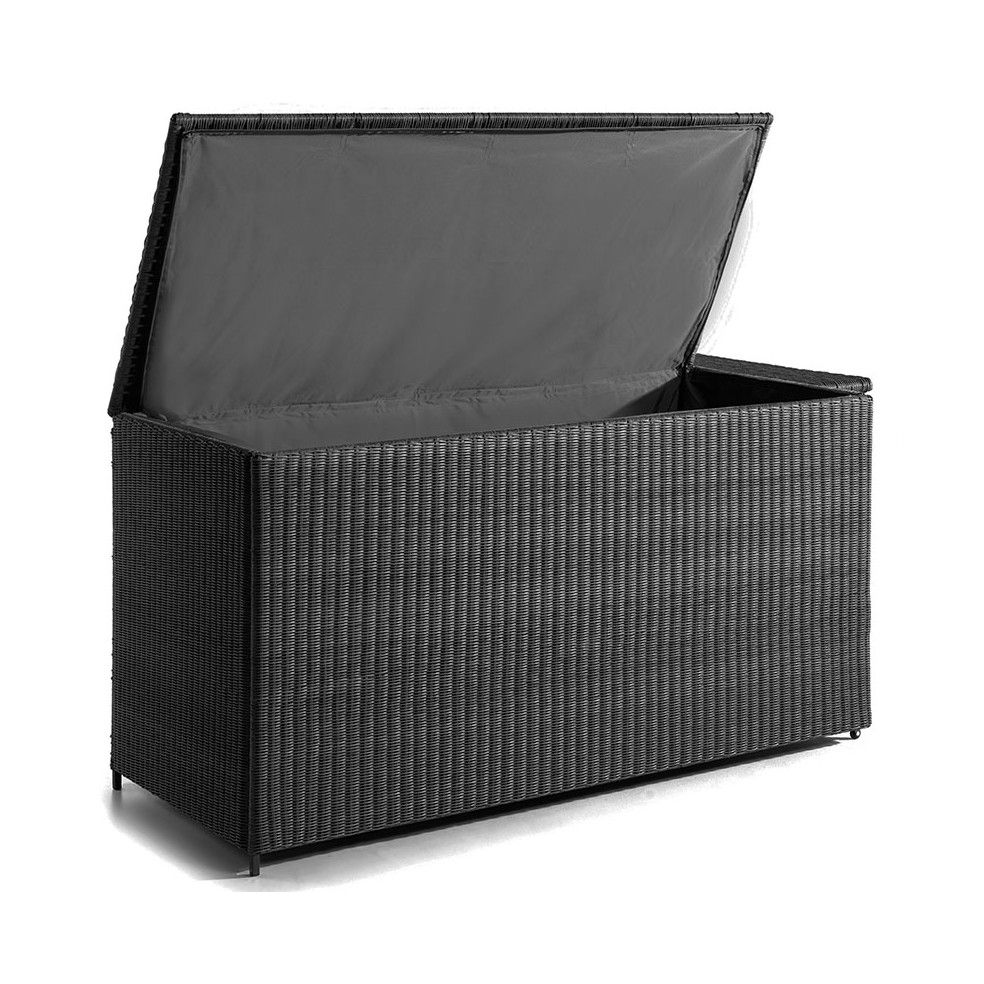 Coffre de rangement 160 cm alu et résine tressée noire, Firenze Coffre de rangement 160 cm alu et résine tressée noire, Firenze