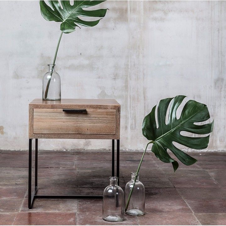 Petite table en métal et teck avec tiroir 40x40 cm  