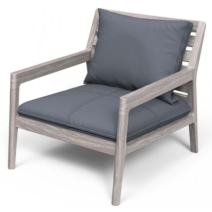 Fauteuil en teck FSC vintage grey avec coussins en tissu Sunbrella gris foncé