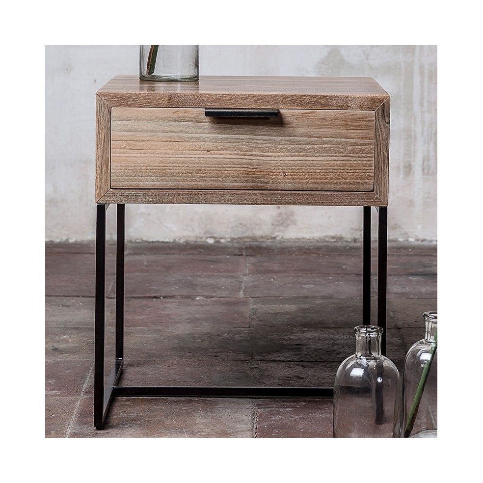 Petite table en métal et teck avec tiroir 40x40 cm Petite table en métal et teck avec tiroir 40x40 cm