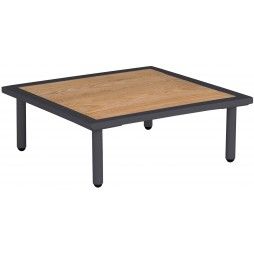Table basse carrée 70 cm alu blanc crème et bois de roble, salon Beach