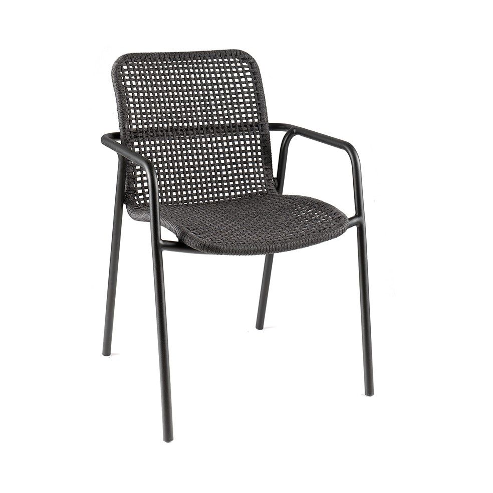 Fauteuil de table empilable en alu et tissu tressé, Diego de Gescova Fauteuil de table empilable en alu et tissu tressé, Diego de Gescova