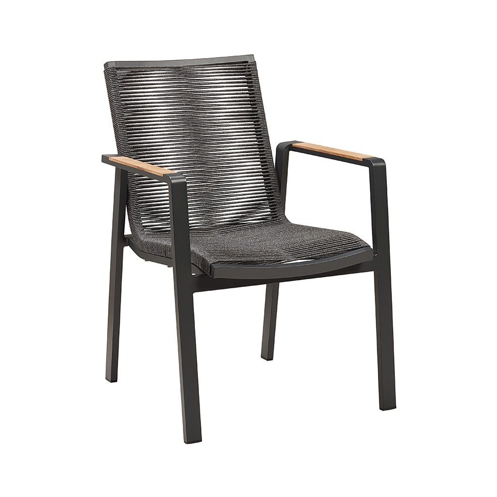 Large fauteuil de table de jardin en alu et tissu Olefin avec accoudoirs en teck, empilable, Moreno de Gescova Large fauteuil de table de jardin en alu et tissu Olefin avec accoudoirs en teck, empilable, Moreno de Gescova
