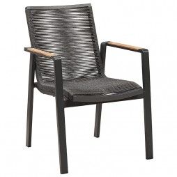 Large fauteuil de table de jardin en alu et tissu Olefin avec accoudoirs en teck, empilable, Moreno de Gescova