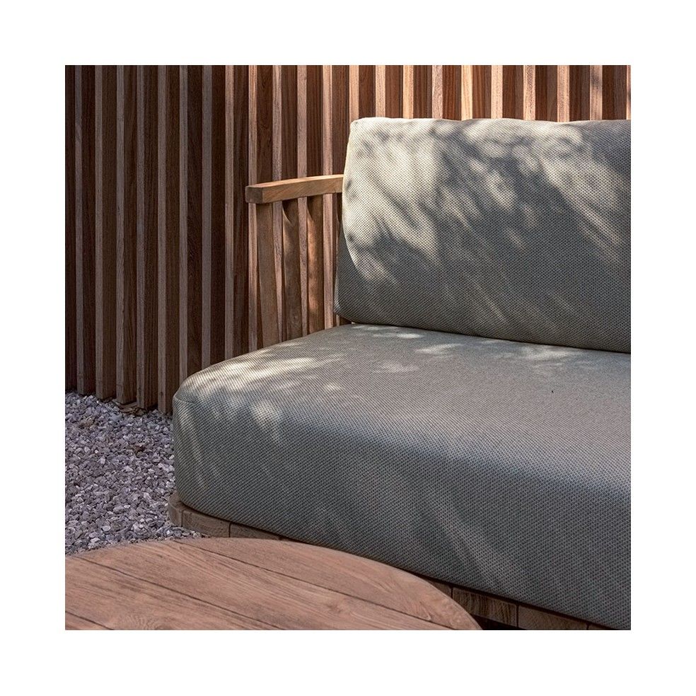 Canapé 2 places en teck recyclé, avec coussins en tissu Sunbrella ton vert oxydé
