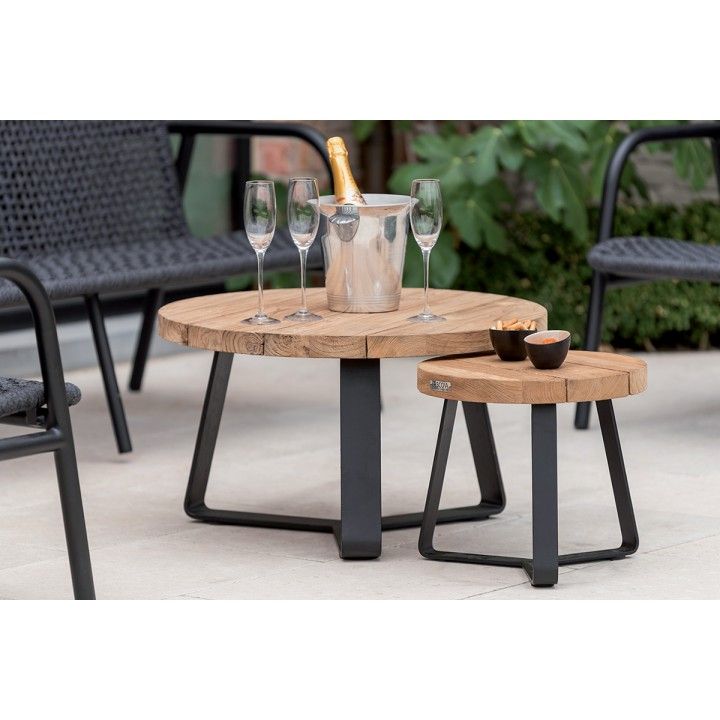 Table de jardin basse et ronde en teck recyclé et acier, Margarite