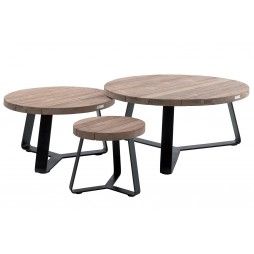 Table de jardin basse et ronde en teck recyclé et acier, Margarite