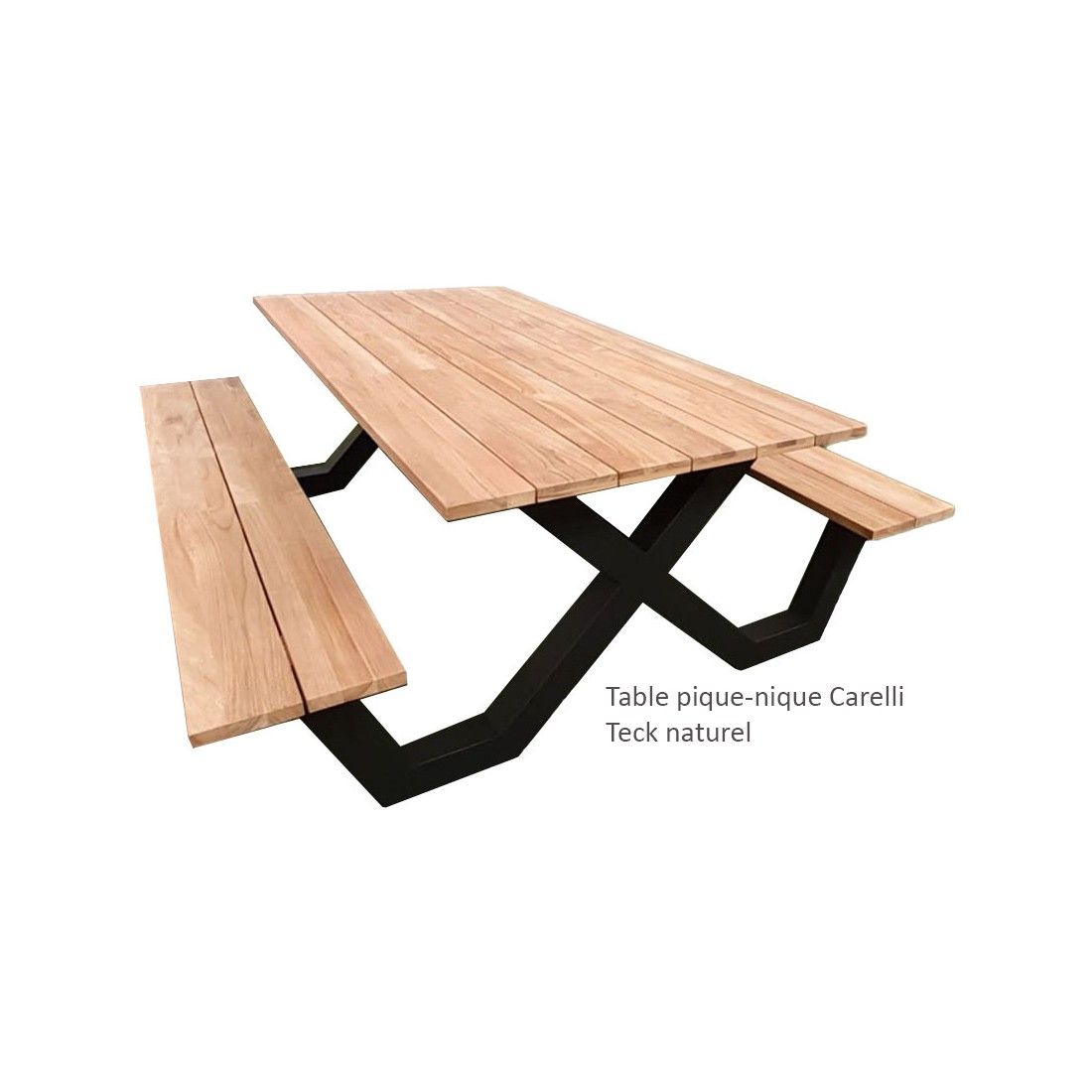 Table pique-nique avec bancs en teck et pieds en aluminium, Carelli