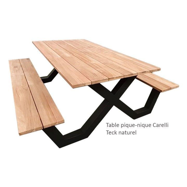Table pique-nique avec bancs en teck et pieds en aluminium, Carelli