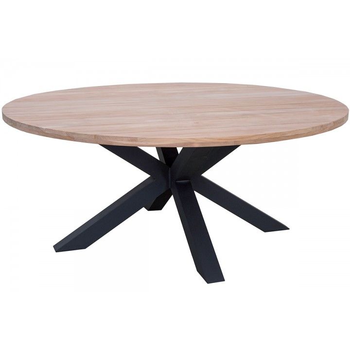 Grande table de jardin ronde en teck et alu noir d 150 ou 180 cm, Feline