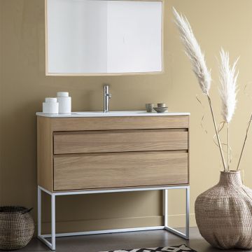 Meuble vasque en chêne avec plan de toilette, 2 tiroirs et piètement métal, 100 cm, Streamline
