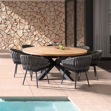 Table de jardin ronde en teck et alu noir d 150 ou 180 cm, Feline