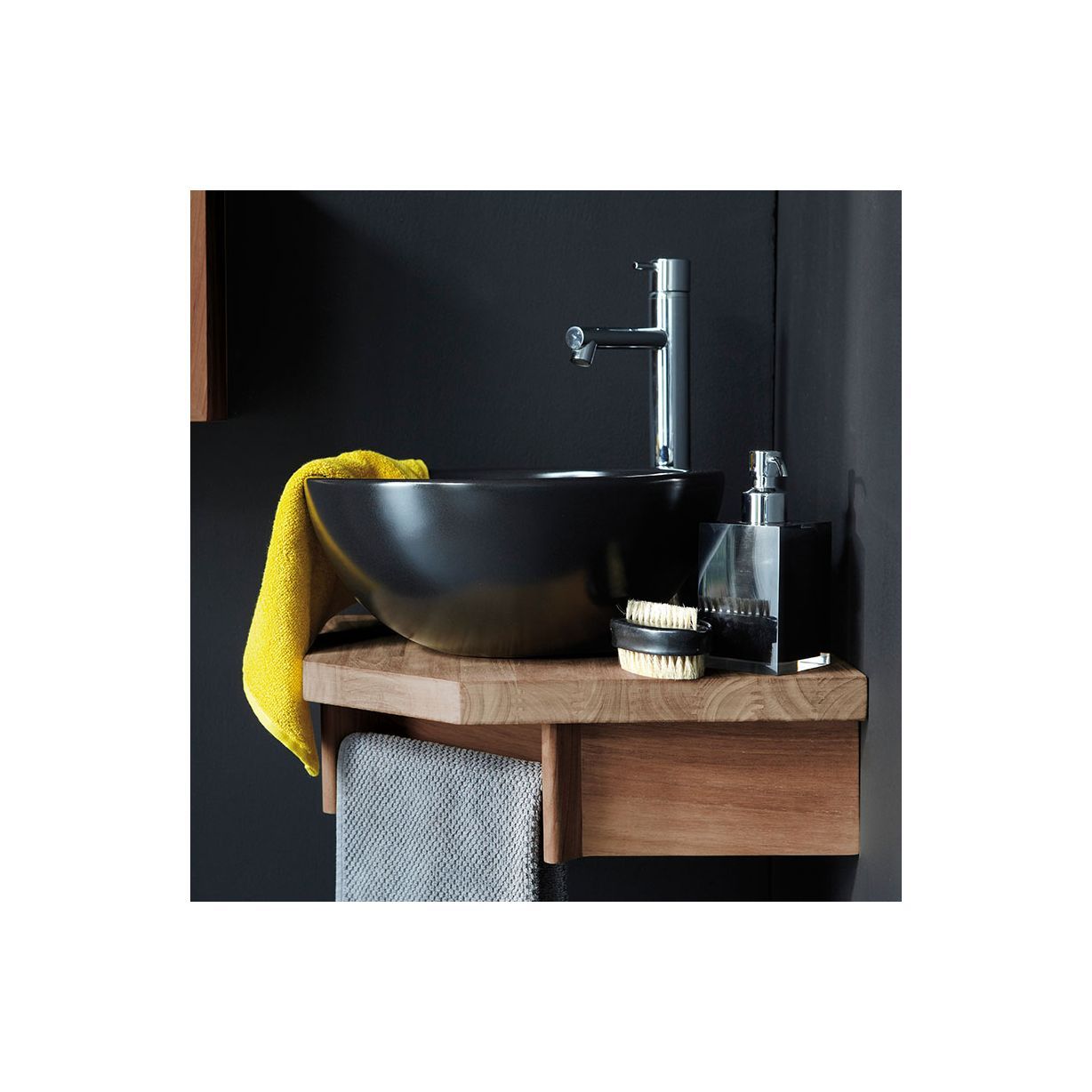 Etagère murale d'angle 40x40 cm en teck massif pour lave-mains