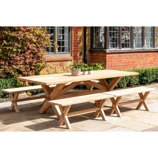 Banc en teck massif pieds croisés, 120 cm, Plank