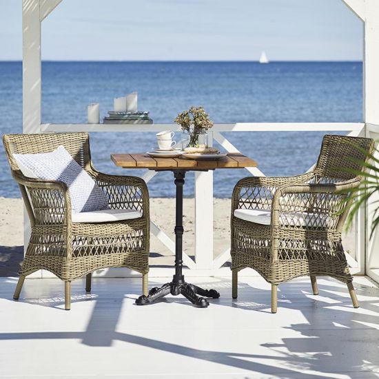 Table de bar carrée 70 cm en teck et pieds en fonte