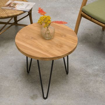 Table basse ronde d 50 cm en teck avec pieds en métal 