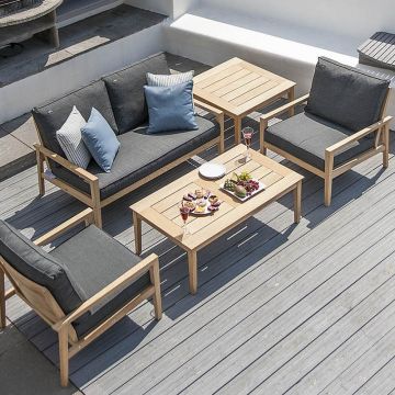 Canapé lounge, salon de jardin, en bois avec coussin noir, haut de gamme