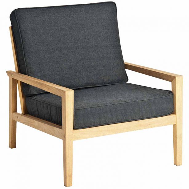 Fauteuil de salon de jardin en bois avec coussin noir, haut de gamme