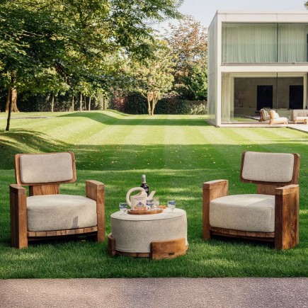 Pouf de jardin en teck recyclé Emma avec coussin écru
