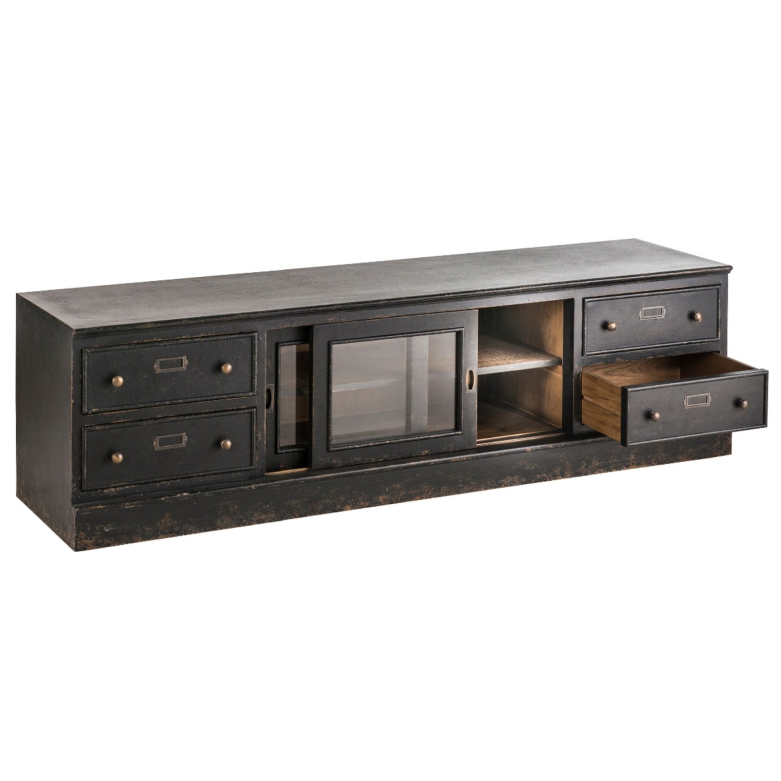 Meuble TV bois noir Amsterdam 180 cm style atelier - Signature