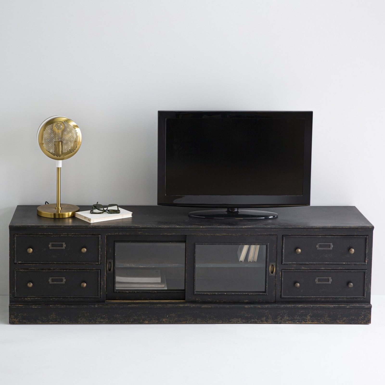 Meuble TV bois noir Amsterdam 180 cm style atelier - Signature