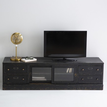 Meuble TV bois noir Amsterdam 180 cm style atelier - Signature
