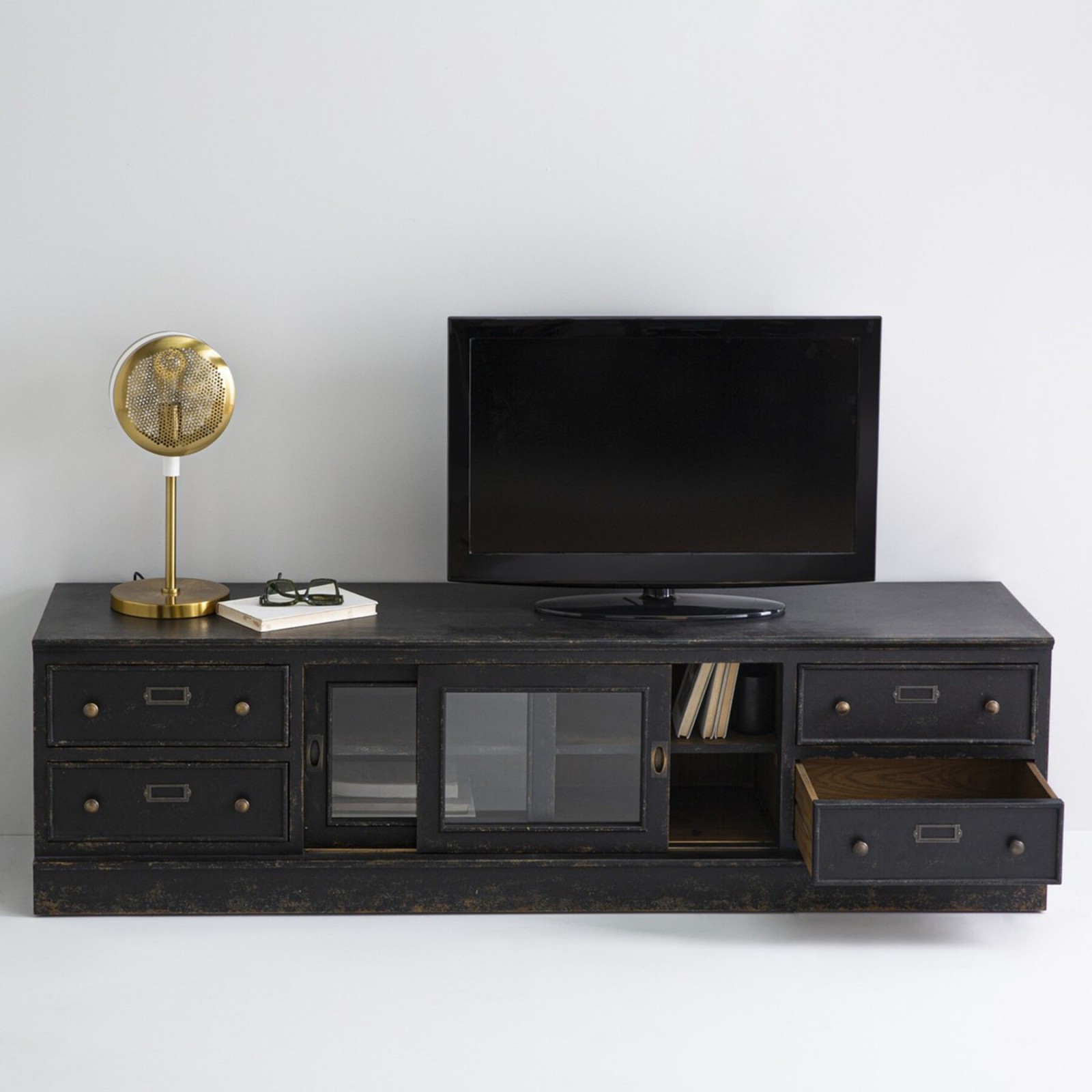 Meuble TV bois noir Amsterdam 180 cm style atelier - Signature