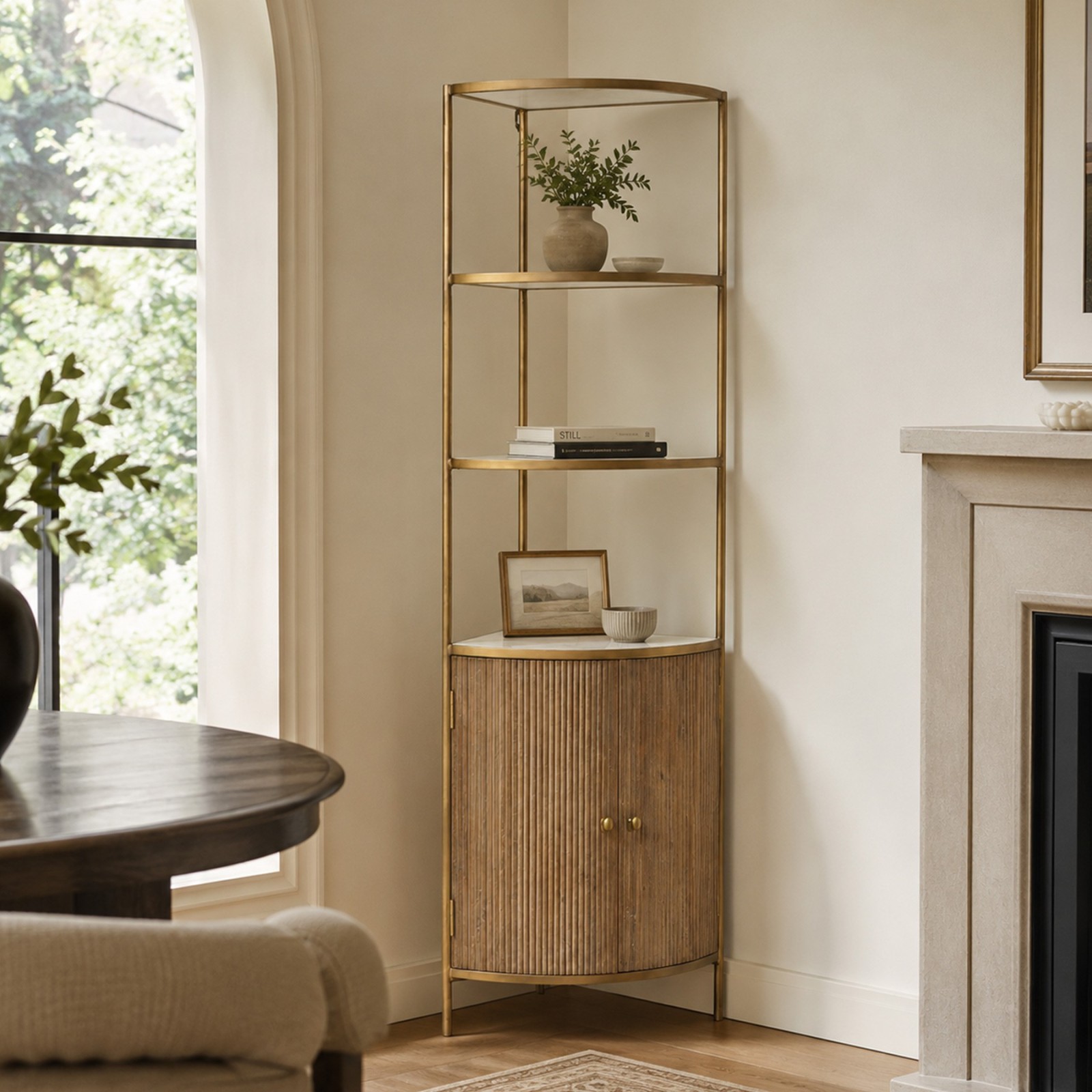 Étagère d’angle bois et marbre Buren avec meuble bas - Signature Étagère d’angle bois et marbre Buren avec meuble bas - Signature