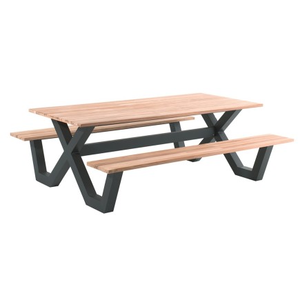 Table pique-nique avec bancs en teck et pieds en aluminium, Carelli
