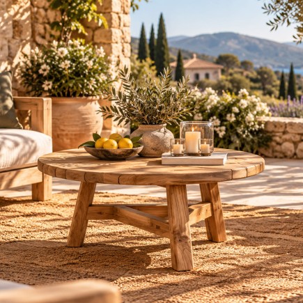 Table de jardin basse et ronde en teck recyclé, Ferdi