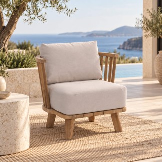Fauteuil en teck recyclé, avec coussins en tissu Sunbrella Casablanca