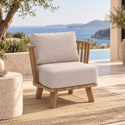 Fauteuil en teck recyclé, avec coussins en tissu Sunbrella Casablanca