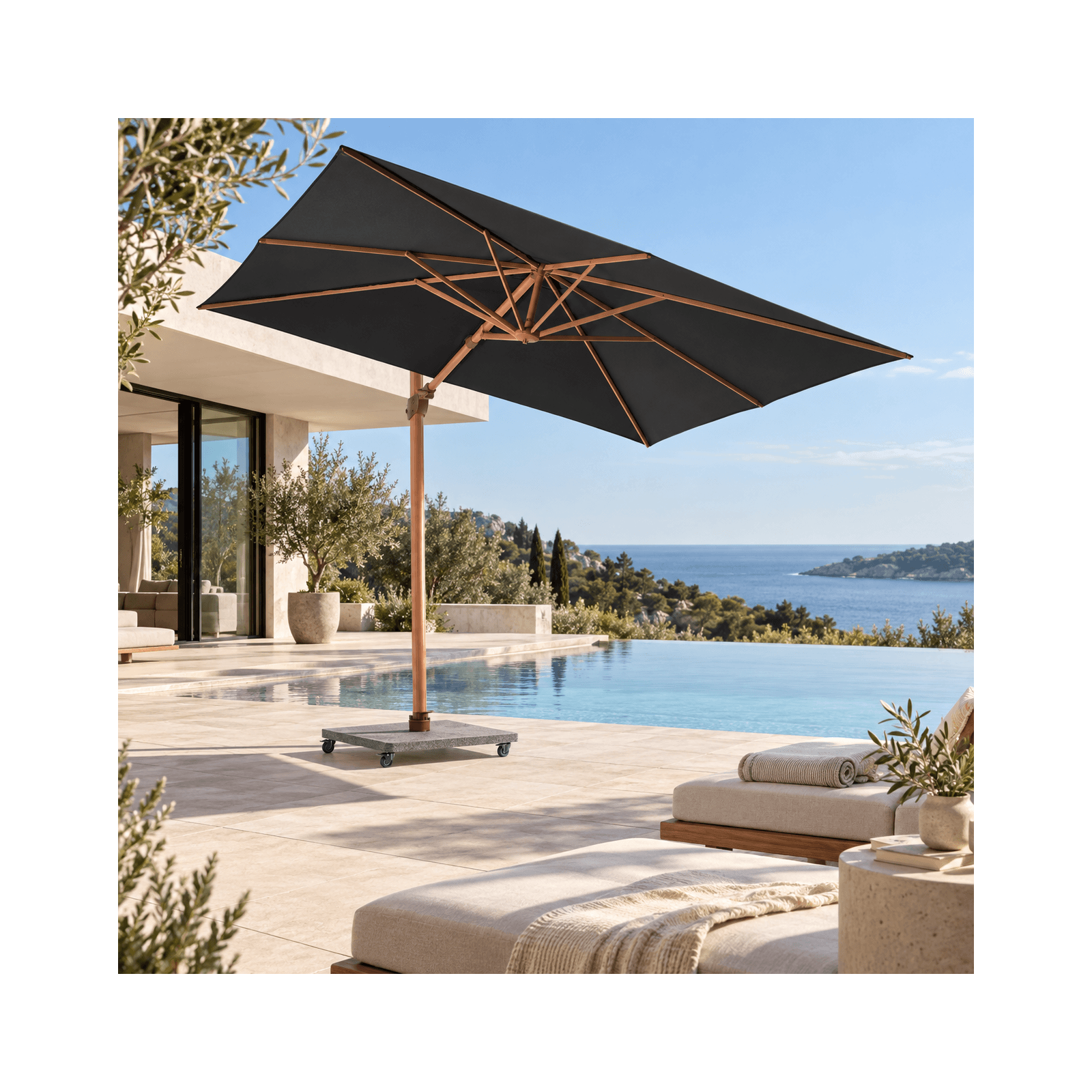 Parasol déporté 3x3 m Portland alu bois haut de gamme - Gescova