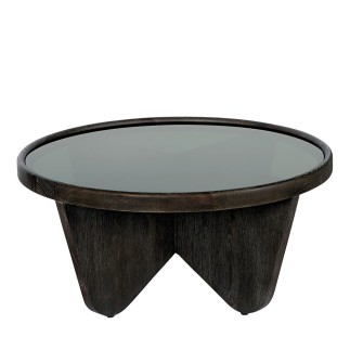 Table basse ronde en chêne avec piètement sculptural et plateau verre Cléo