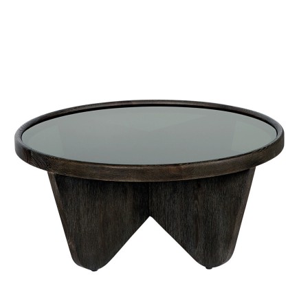 Table basse ronde en chêne avec piètement sculptural et plateau verre Cléo