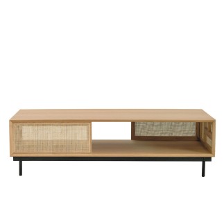 Table basse rectangulaire en chêne et cannage avec pieds métal Augustin